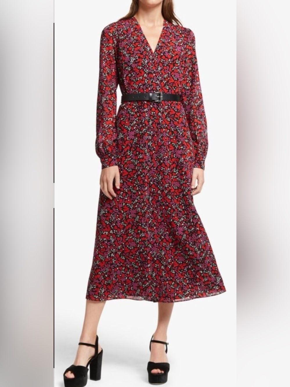 Michael Kors Red Floral Long Sleeve Dress